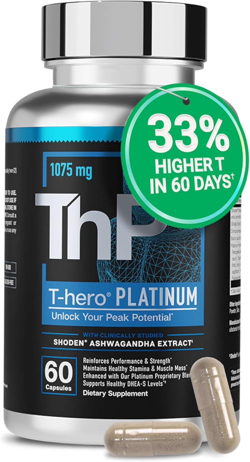 T-hero Platinum Testosterone Booster for Men, Shoden Ashwagandha 1075mg, 60 Capsules